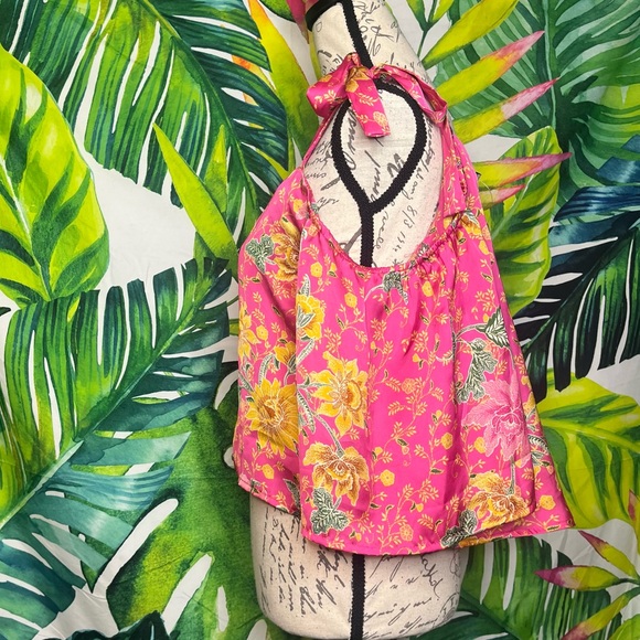 NWT Forever 21 L Pink Floral Satin Tie Strap Crop Cold Shoulder Feminine Blouse - Picture 3 of 12